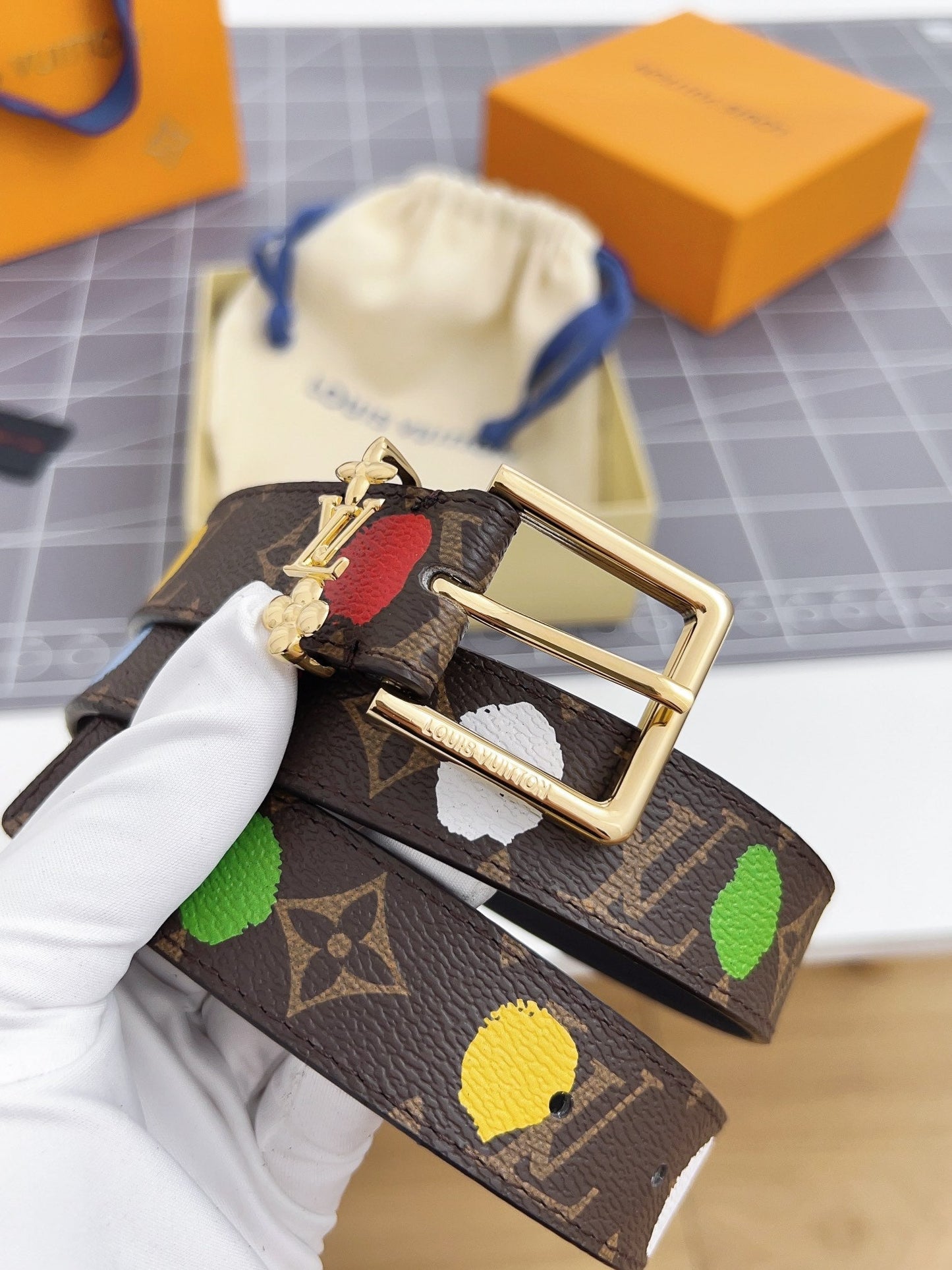 LV Bloom 30mm Mutilcolor Belt Gold Buckle Black Brown Leather