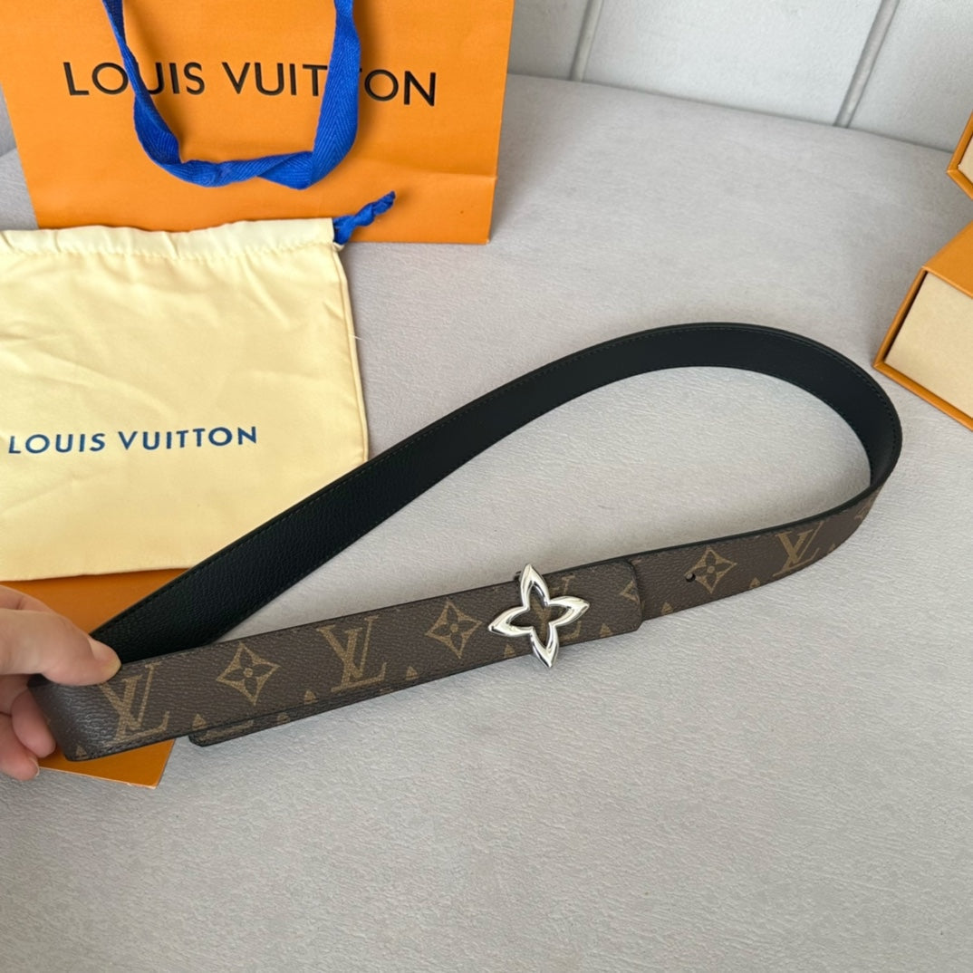 LV Flowergram 30mm Reversible Belt Silver Buckle Black Brown Leather