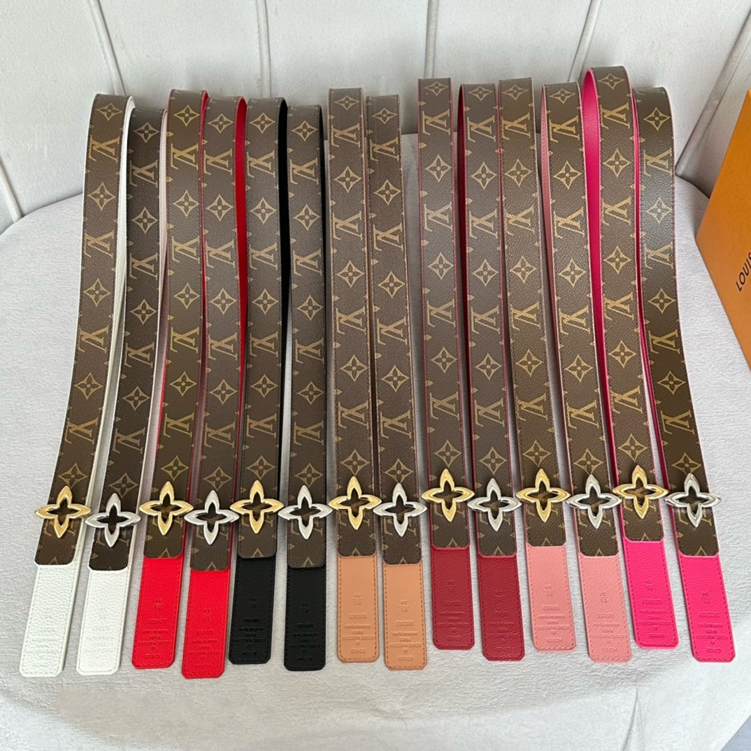 LV Flowergram 30mm Reversible Belt Silver Buckle Hot Pink Brown Leather