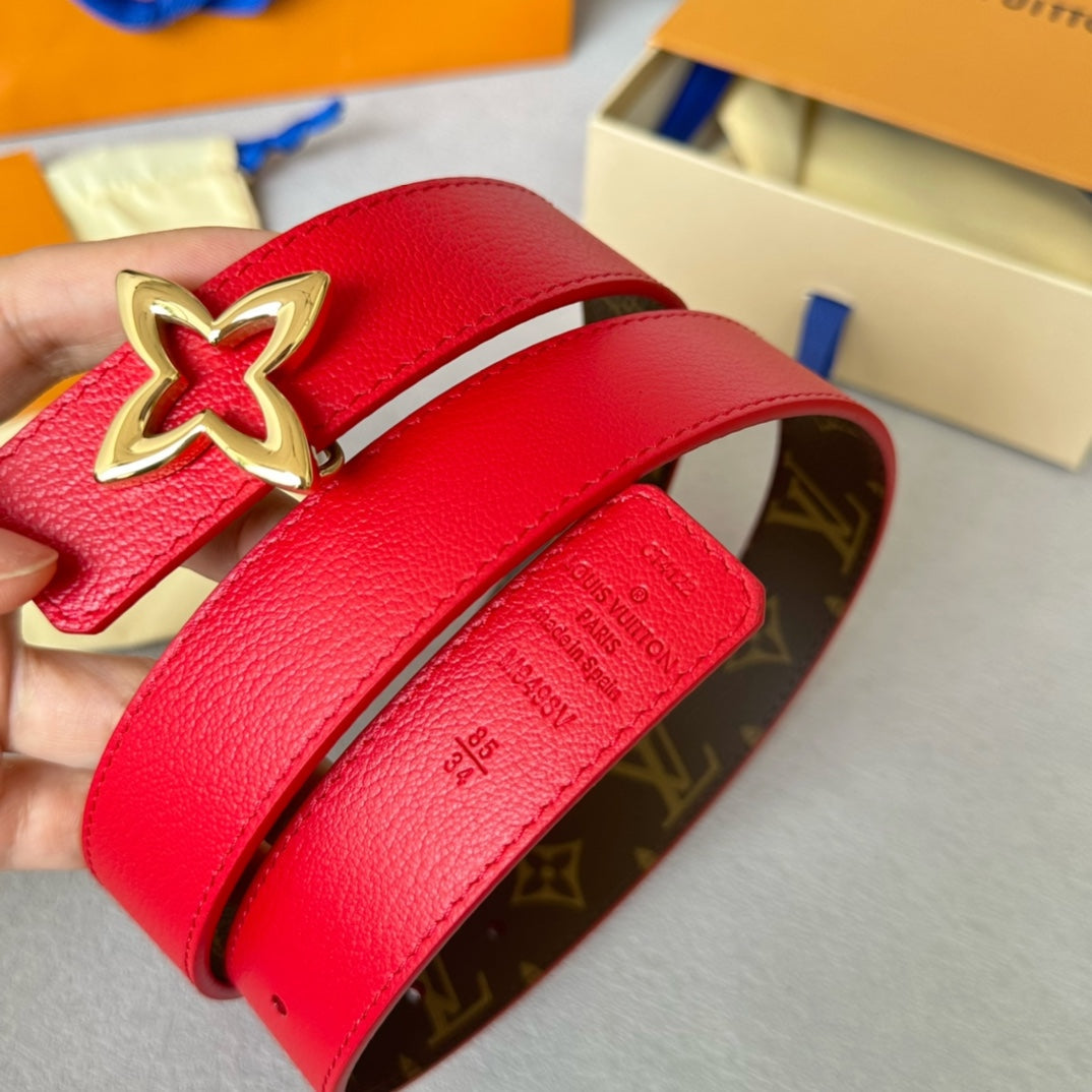 LV Flowergram 30mm Reversible Belt Gold Buckle Red Brown Leather