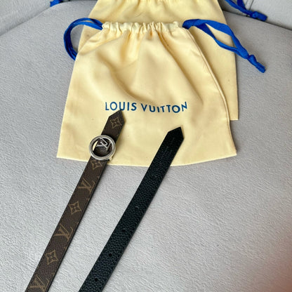 LV Circle 20mm Reversible Belt Silver Buckle Black Brown Leather