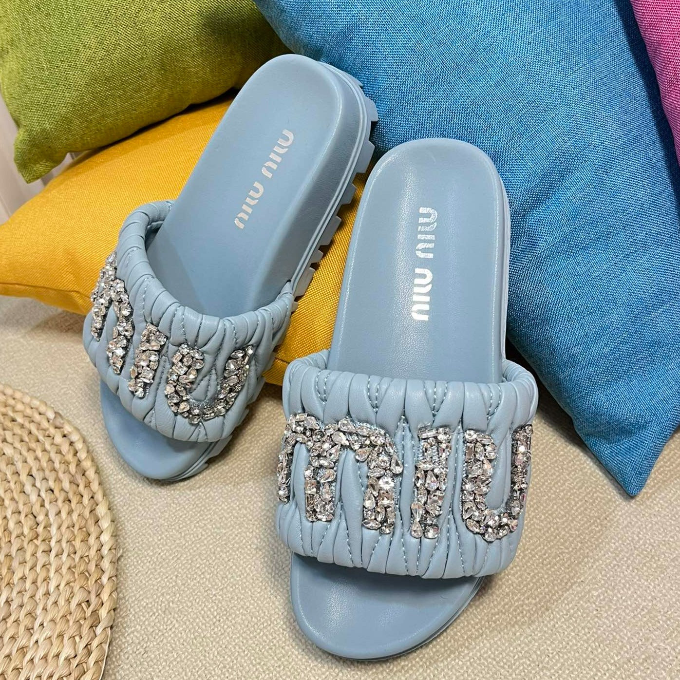 Sky Blue Sheepskin Diamond Slippers