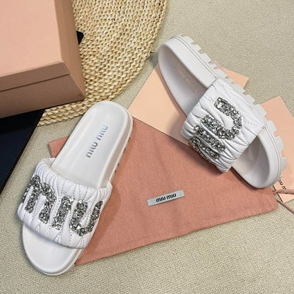 White Sheepskin Diamond Slippers