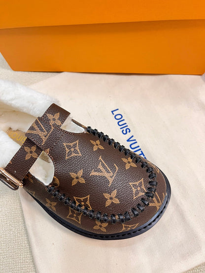 COLORADO COMFORT MARY JANE IN CHOCOLATE BROWN MONOGRAM CALFSKIN AND SHEARLING LINING