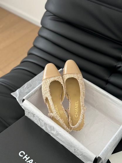 CLASSIC HIGH SLINGBACK CORN YELLOW TWEEDS AND CALFSKIN
