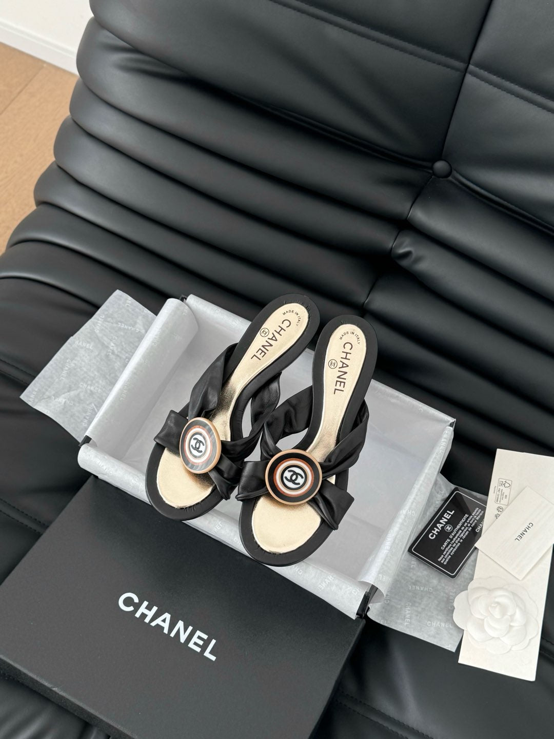 BLACK LAMBSKIN CC SLIDE SANDALS