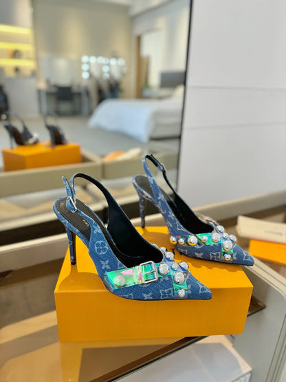 HIGH HEELS 95 MM IN CLASSIC BLUE MONOGRAM DENIM WITH CRYSTALS