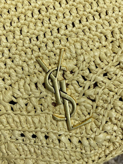 DRAWSTRING BUCKET BAG 19 IN BEIGE WOVEN RAFFIA AND CALFSKIN