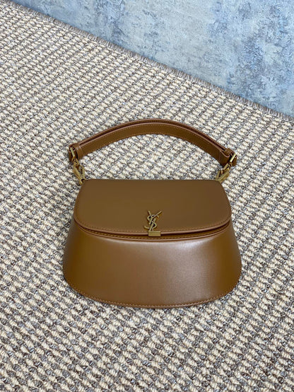 VOLTAIRE TOP HANDLE IN BOX 21 IN TAWNY BROWN CALFSKIN GOLD HARDWARE