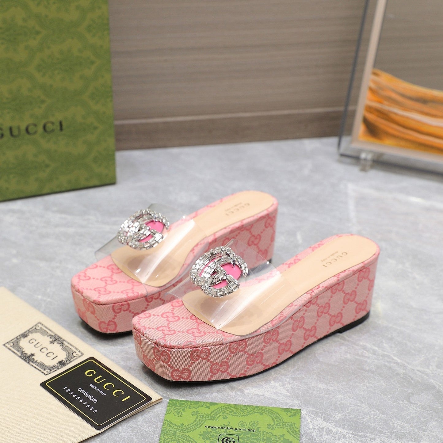 HIGH WEDGE PLATFORM IN LIGHT PINK CANVAS WITH DOUBLE CRYSTAL G BUCKLE