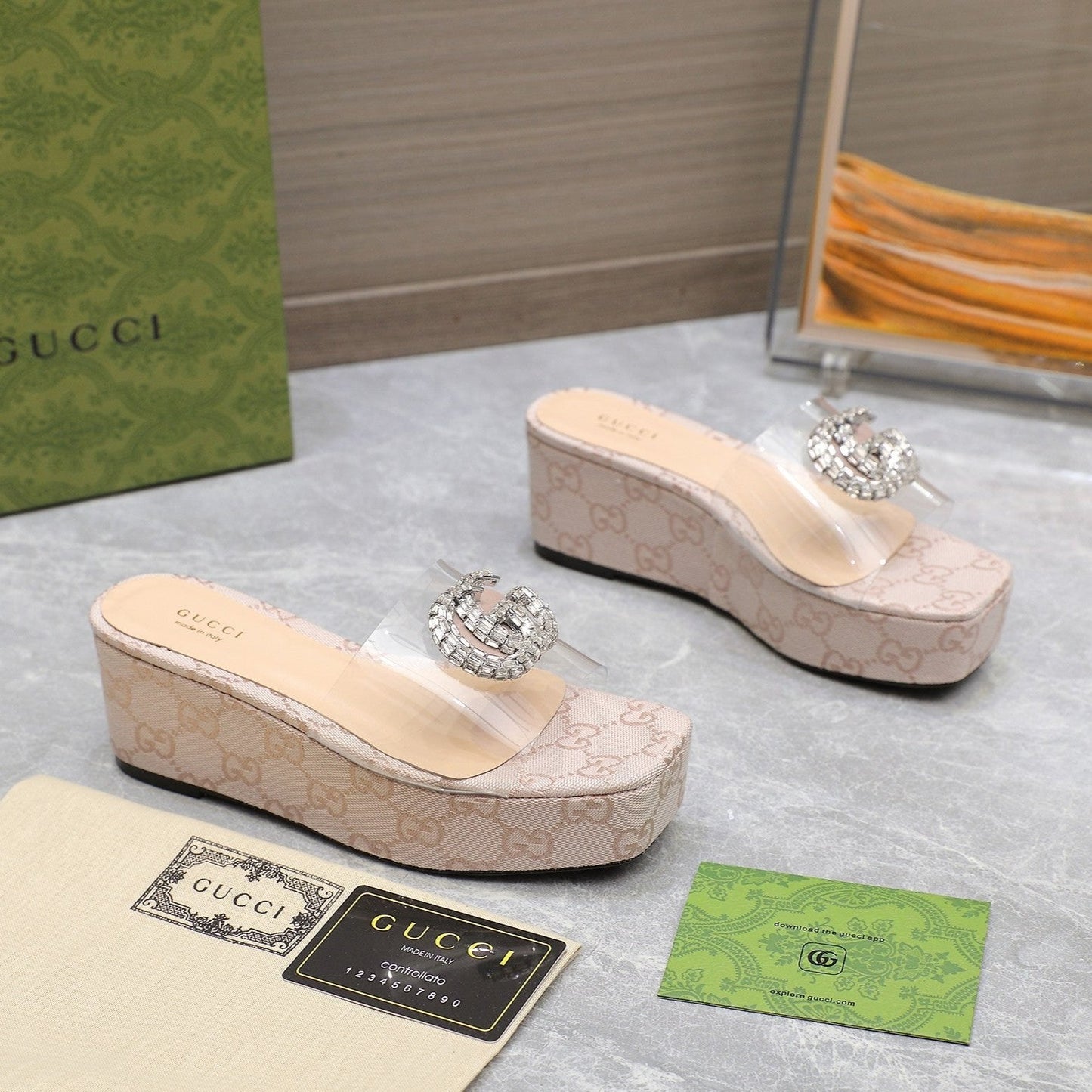 HIGH WEDGE PLATFORM IN ALMOND BEIGE CANVAS WITH DOUBLE CRYSTAL G BUCKLE