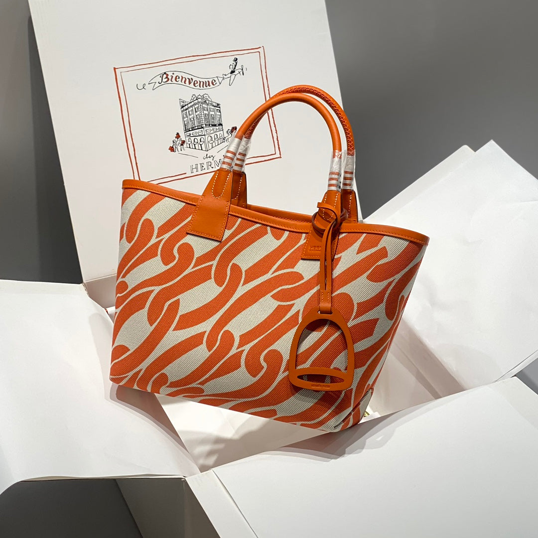 STEEPLE 28 BAG IN OFF-WHITE MIX LIGHT ORANGE CANVAS AND CALFSKIN