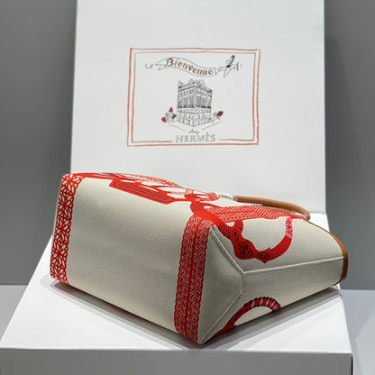 STEEPLE 28 BAG IN OFF-WHITE MIX RED CANVAS AND BROWN CALFSKIN