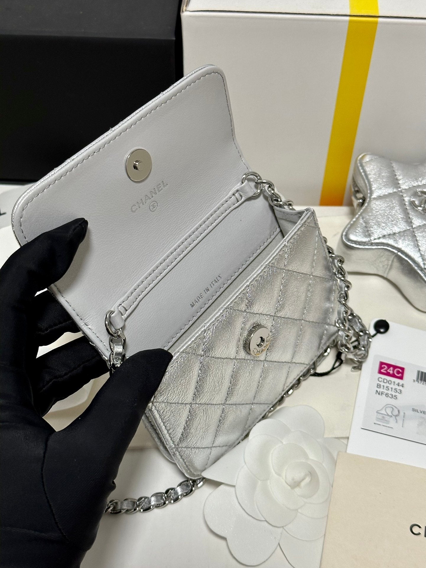 CC MINI 13 FLAP BAG IN SILVER METALLIC LAMBSKIN