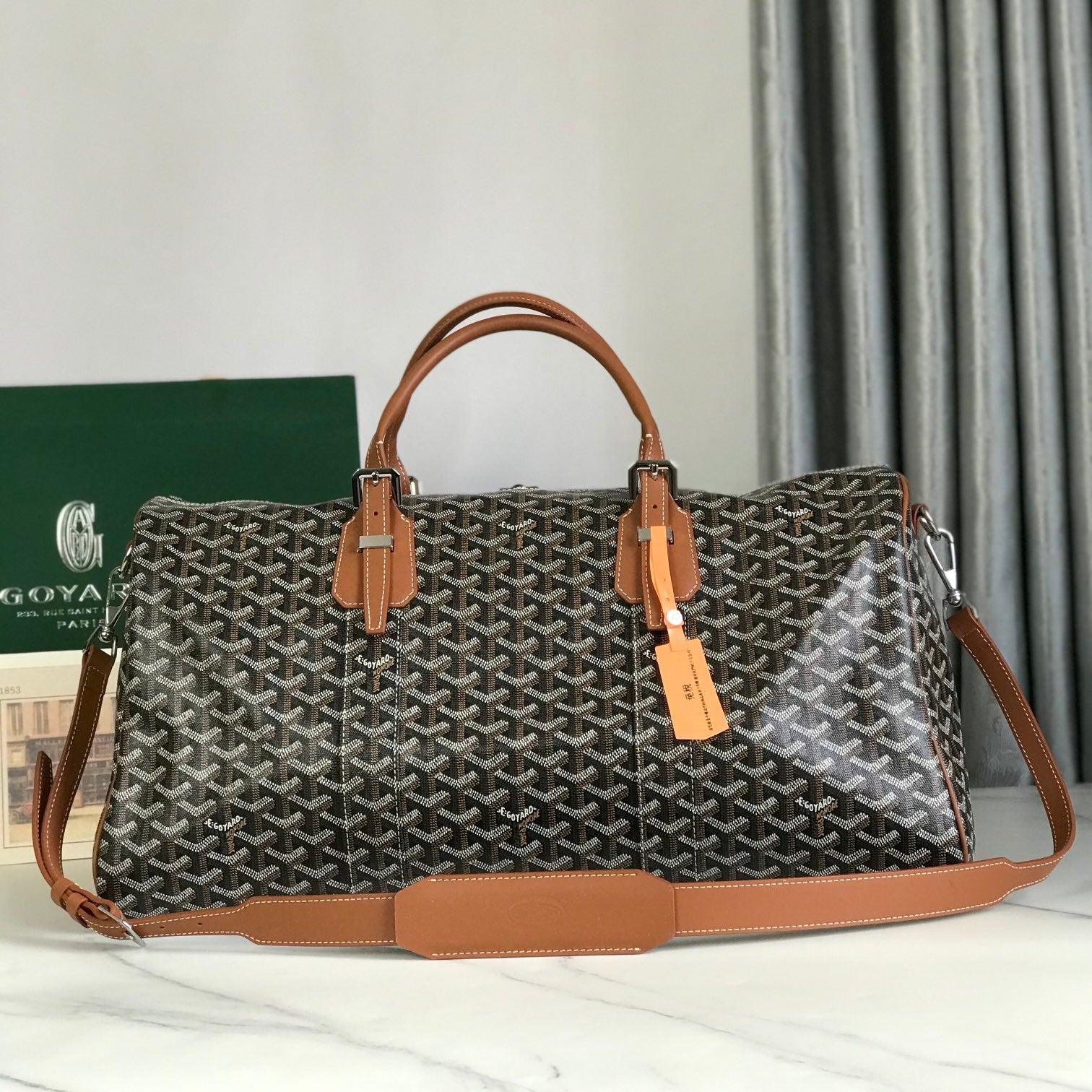 BOSTON 50 BAG IN BLACK GOYARDINE CANVAS AND TAN CALFSKIN TRIM