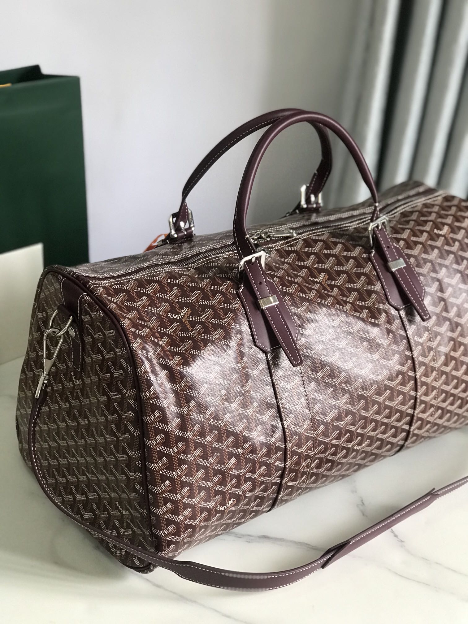 BOSTON 50 BAG IN WINE RED GOYARDINE CANVAS AND CALFSKIN TRIM