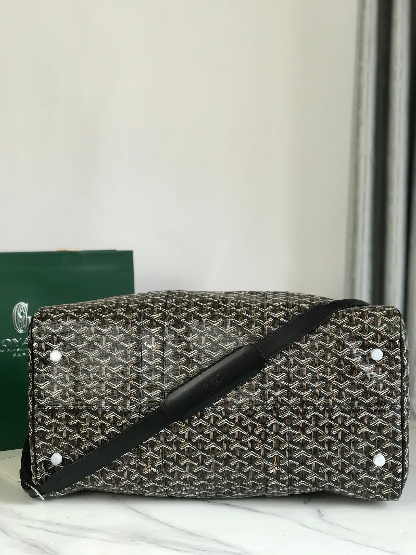 BOSTON 50 BAG IN BLACK GOYARDINE CANVAS AND CALFSKIN TRIM