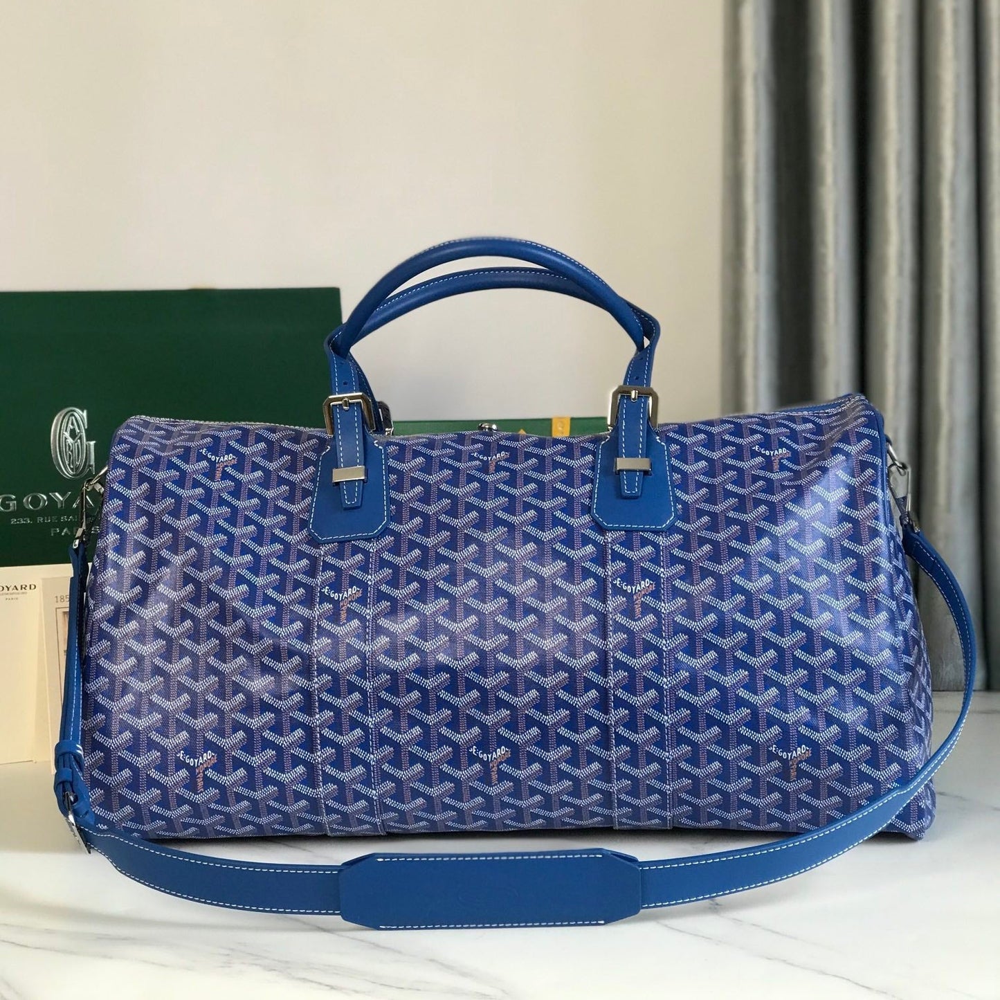 BOSTON 50 BAG IN SAPPHIRE BLUE GOYARDINE CANVAS AND CALFSKIN TRIM