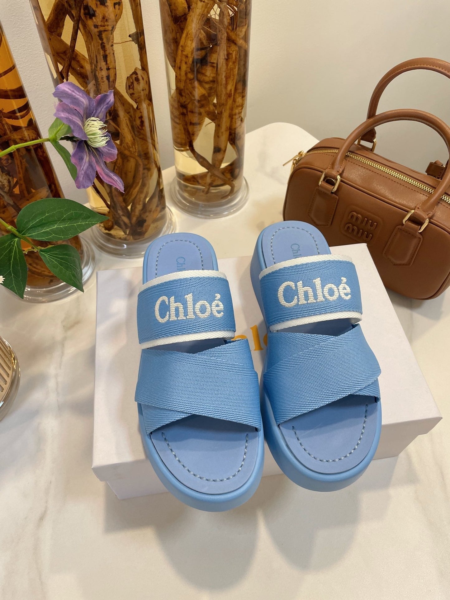 WOODY WEDGE SANDALS IN CERULEAN BLUE CANVAS WITH RUBBER SOLE