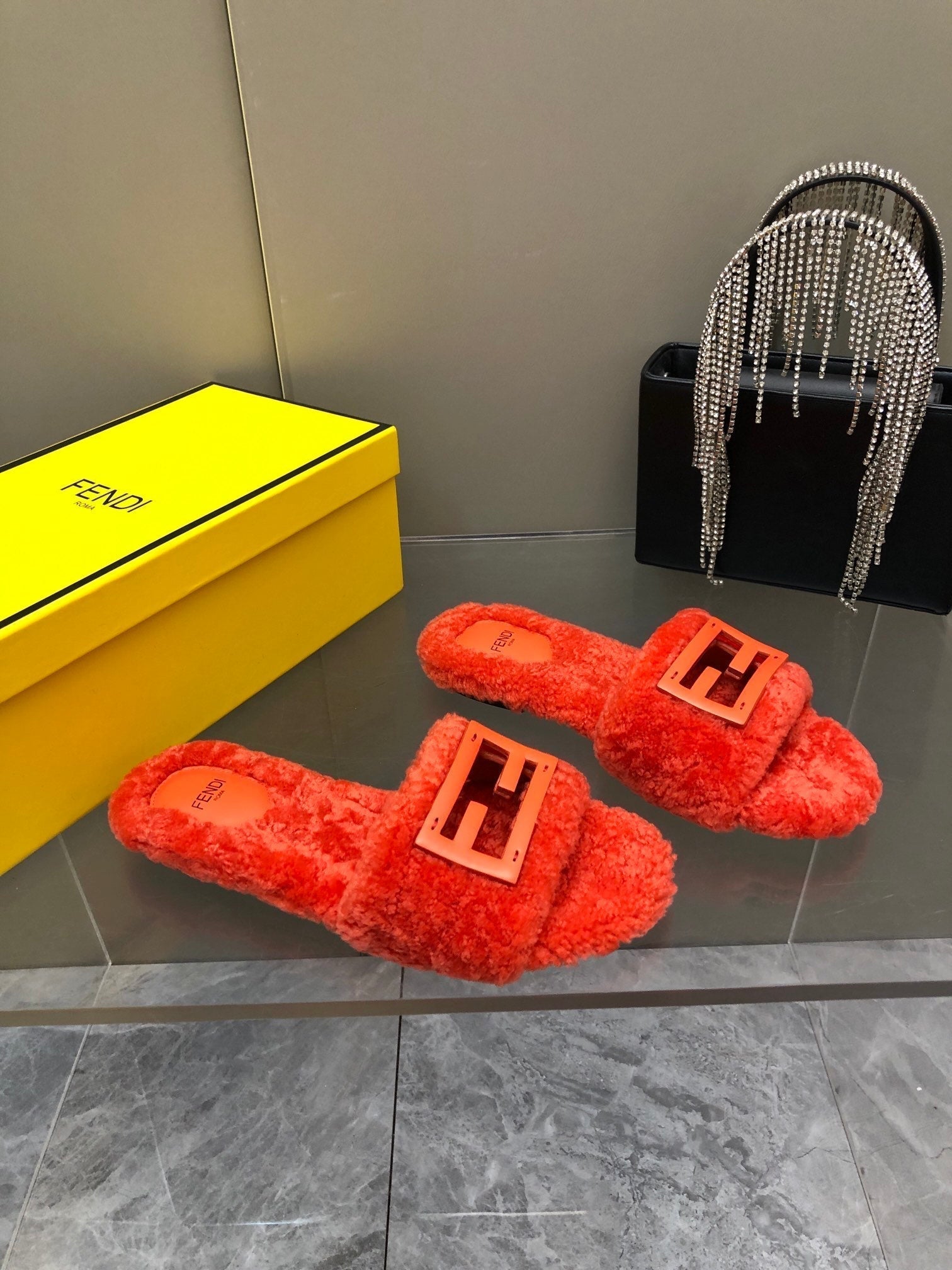 FENDI BAGUETTE SLIDE SLIPPERS IN CHERRY RED WOOL