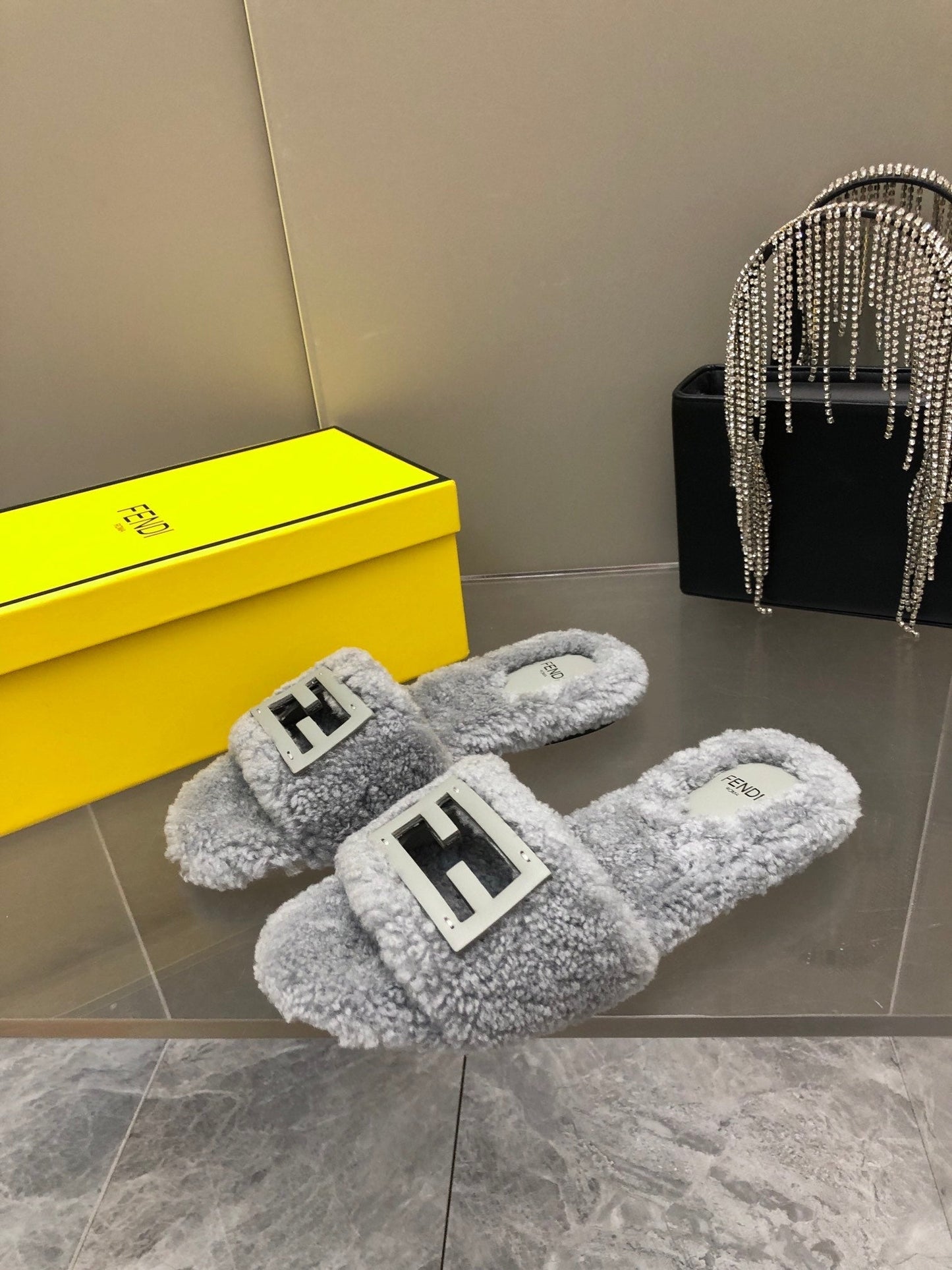 FENDI BAGUETTE SLIDE SLIPPERS IN GREY WOOL