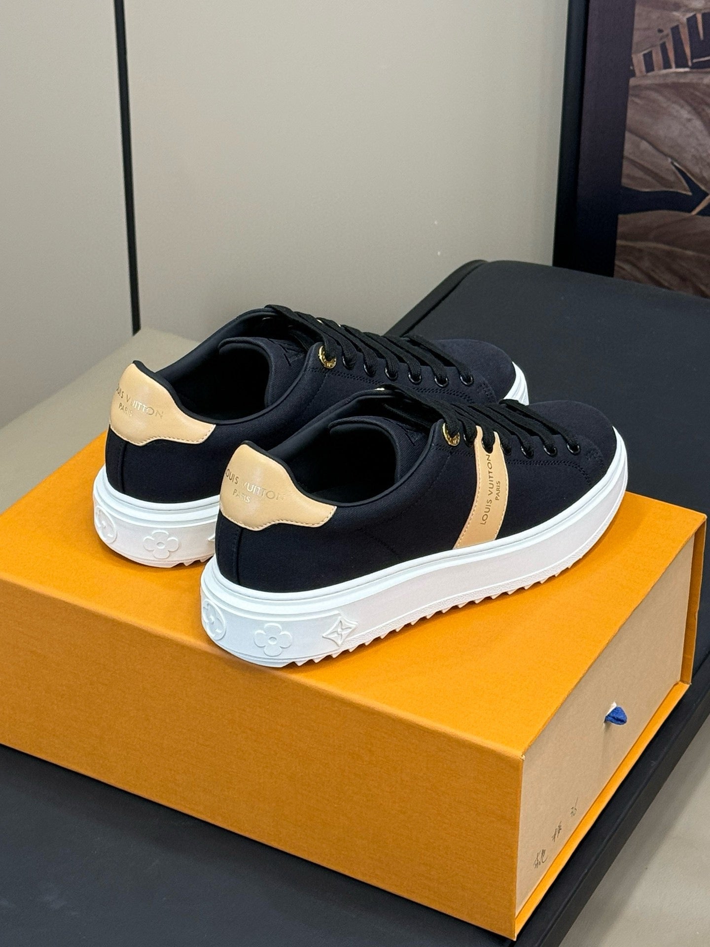 LV TIME OUT SNEAKER IN BLACK MIX MACAROON GOLD CANVAS