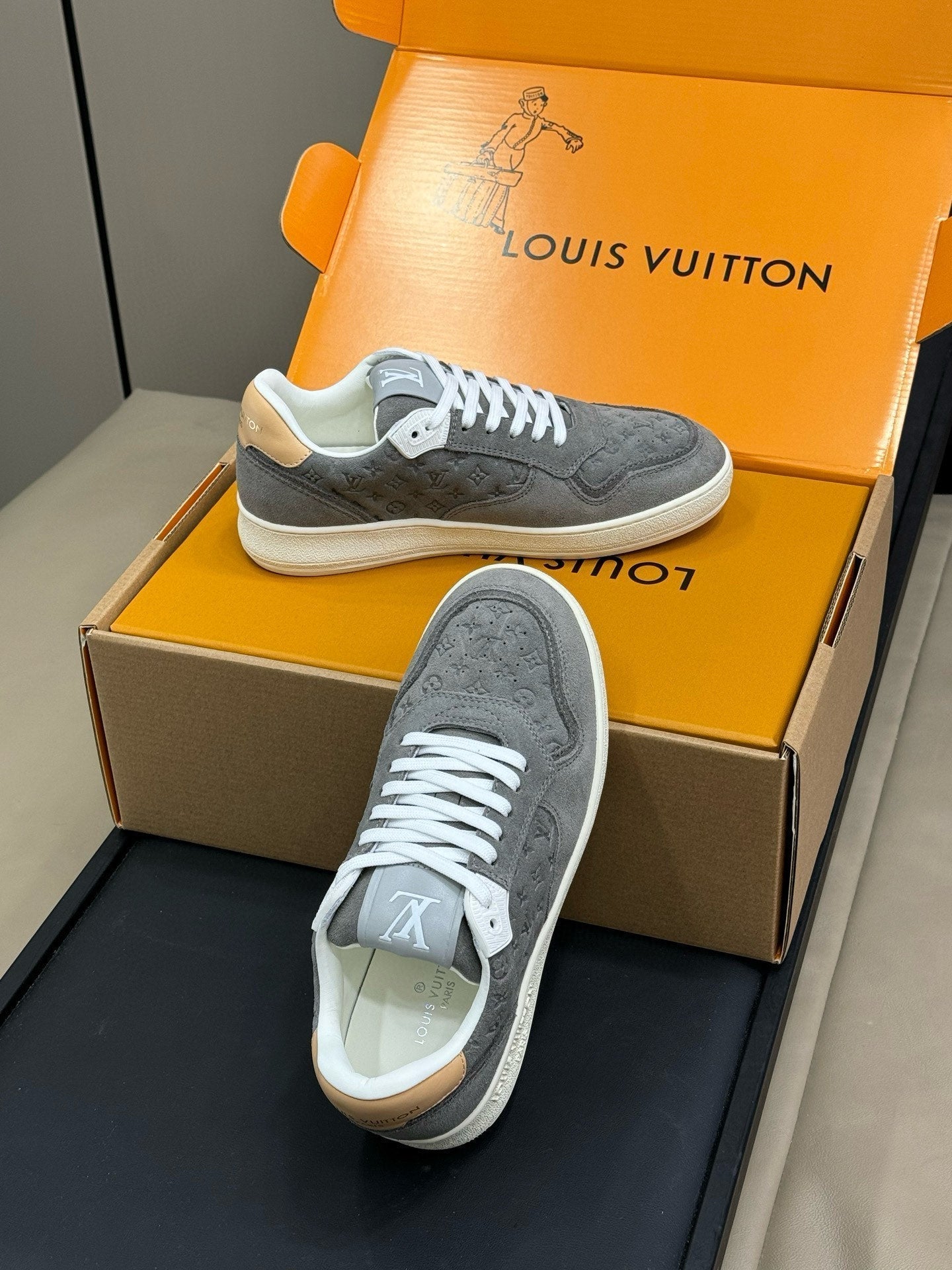 STADIUM SNEAKER IN DOVE GRAY EMBOSSED MONOGRAM SUEDE