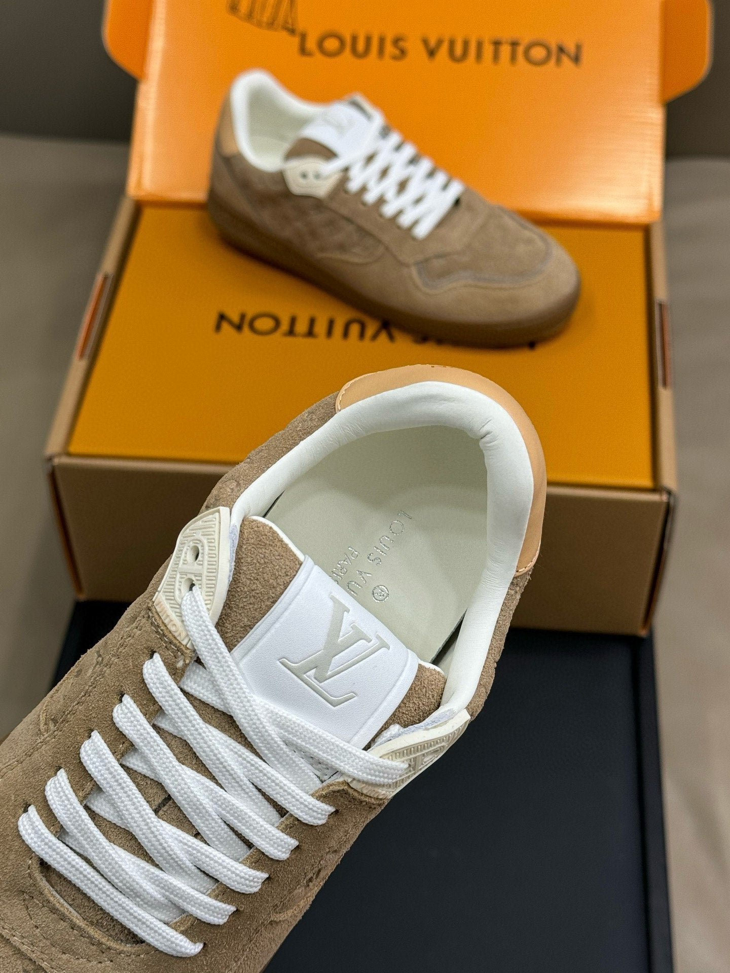 STADIUM SNEAKER IN KHAKI BROWN EMBOSSED MONOGRAM SUEDE