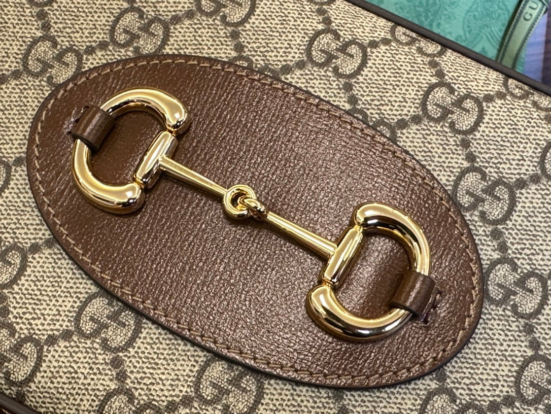 GG 20 HORSEBIT 1955 SMALL BAG IN BEIGE CANVAS AND BROWN CALFSKIN