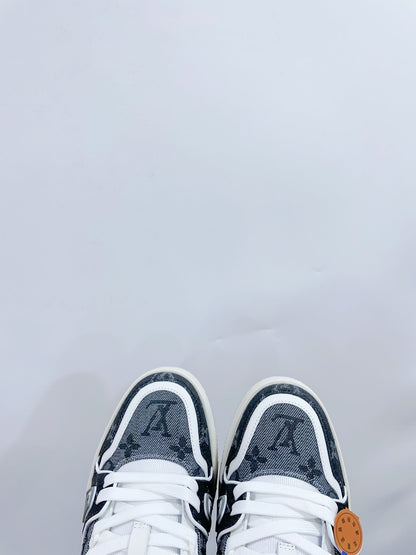 LV TRAINER SNEAKER IN DOVE GRAY MONOGRAM DENIM