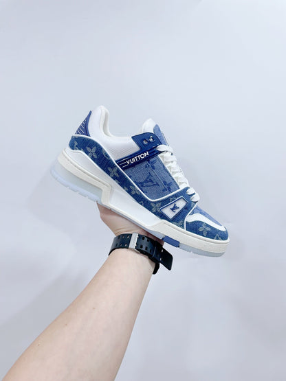 LV TRAINER SNEAKER IN CERULEAN BLUE MONOGRAM DENIM