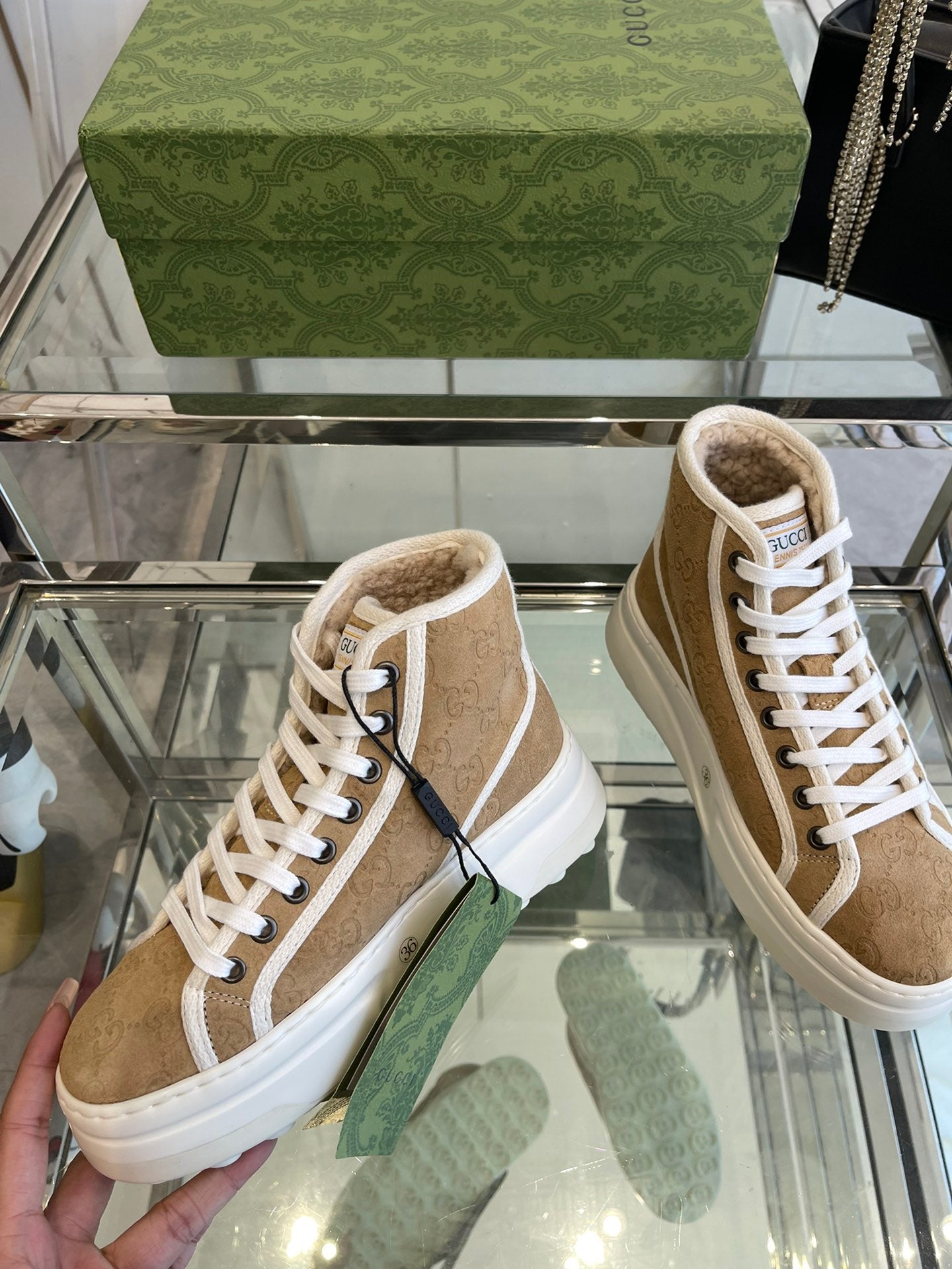 GG HIGH TOP SNEAKER IN CAMEL BROWN CANVAS WITH BEIGE FLEECE LINING