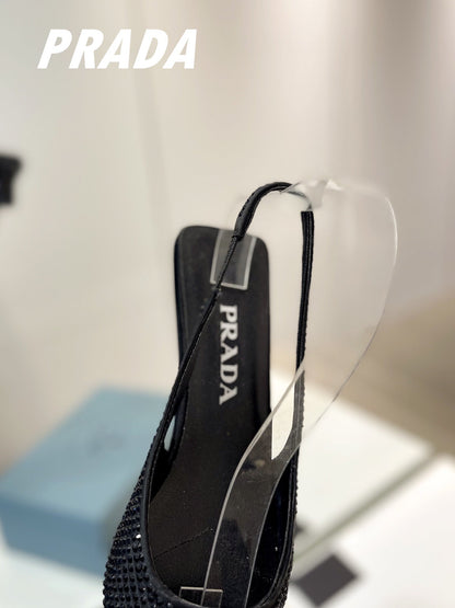 PRA SLINGBACK PUMPS BLACK SATIN WITH BLACK CRYSTALS