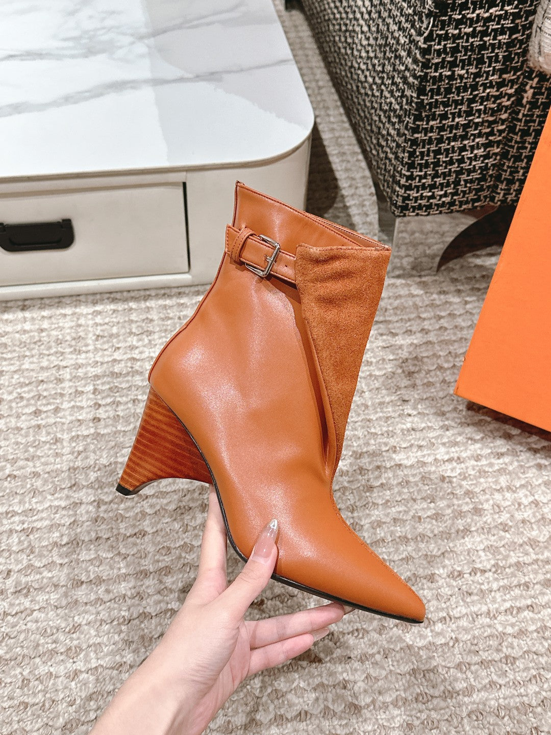 HILONA 6 CM ANKLE BOOTS IN BRONZE BROWN CALFSKIN AND SUEDE