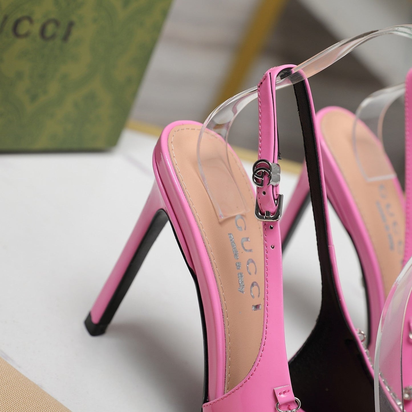 GG CRYSTAL HIGH HEEL SANDAL BRIGHT PINK LAMBSKIN
