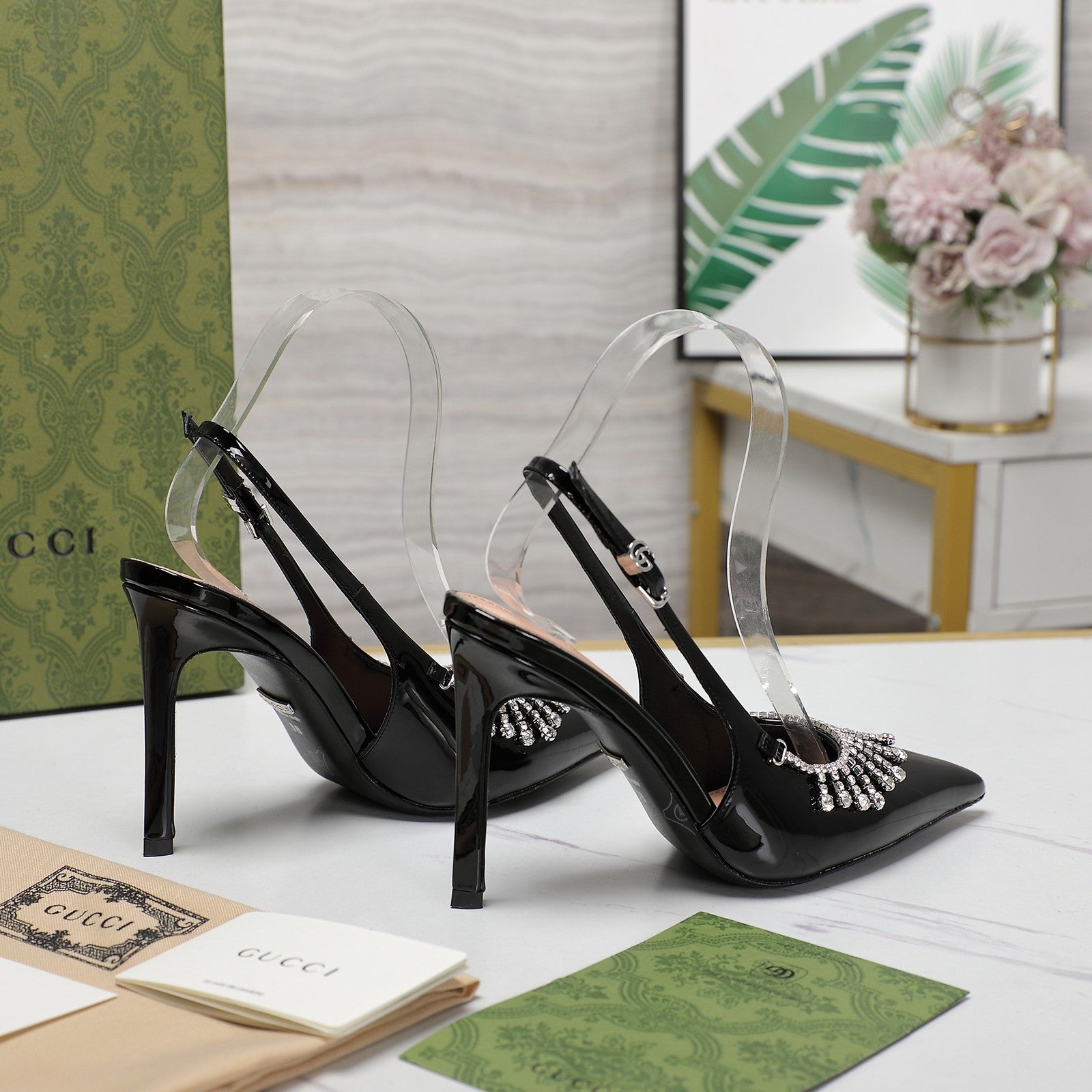 GG CRYSTAL HIGH HEEL SANDAL BLACK LAMBSKIN