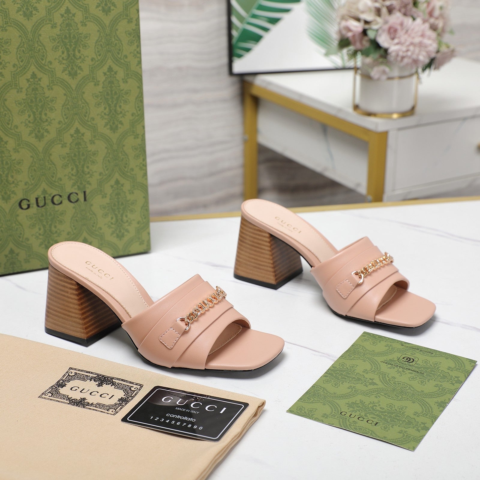 GG High Heels Half Slippers Pink