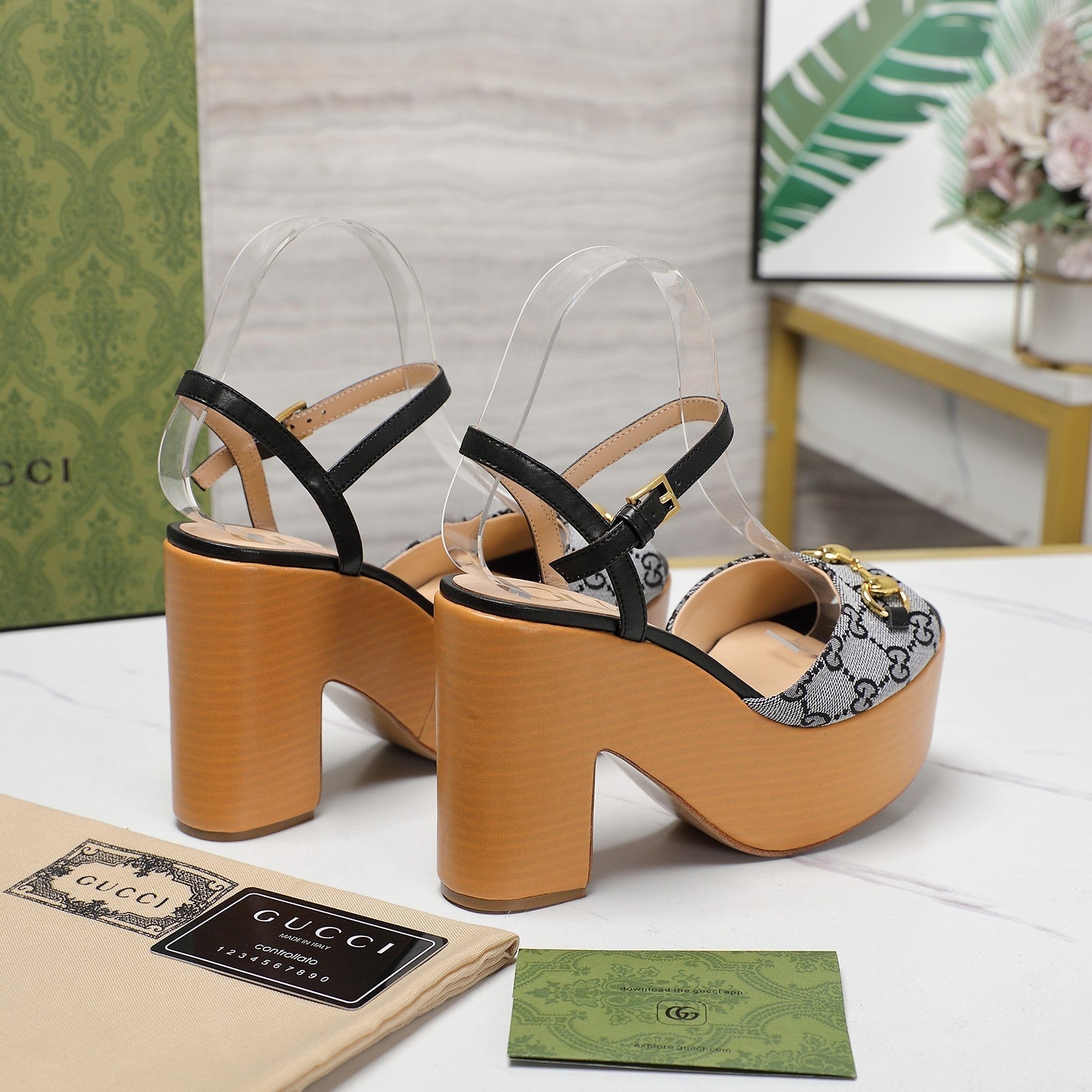 GG HORSEBIT WEDGE SANDAL IN BLACK MONOGRAM JACQUARD FABRIC AND SHEEPSKIN LINING