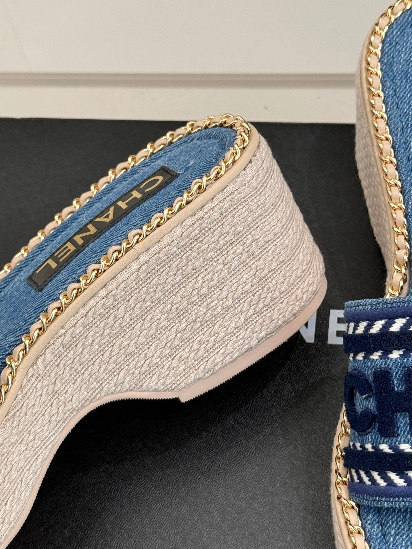 THICK SOLE WEDGE SLIPPERS IN CLASSIC BLUE DENIM FABRIC