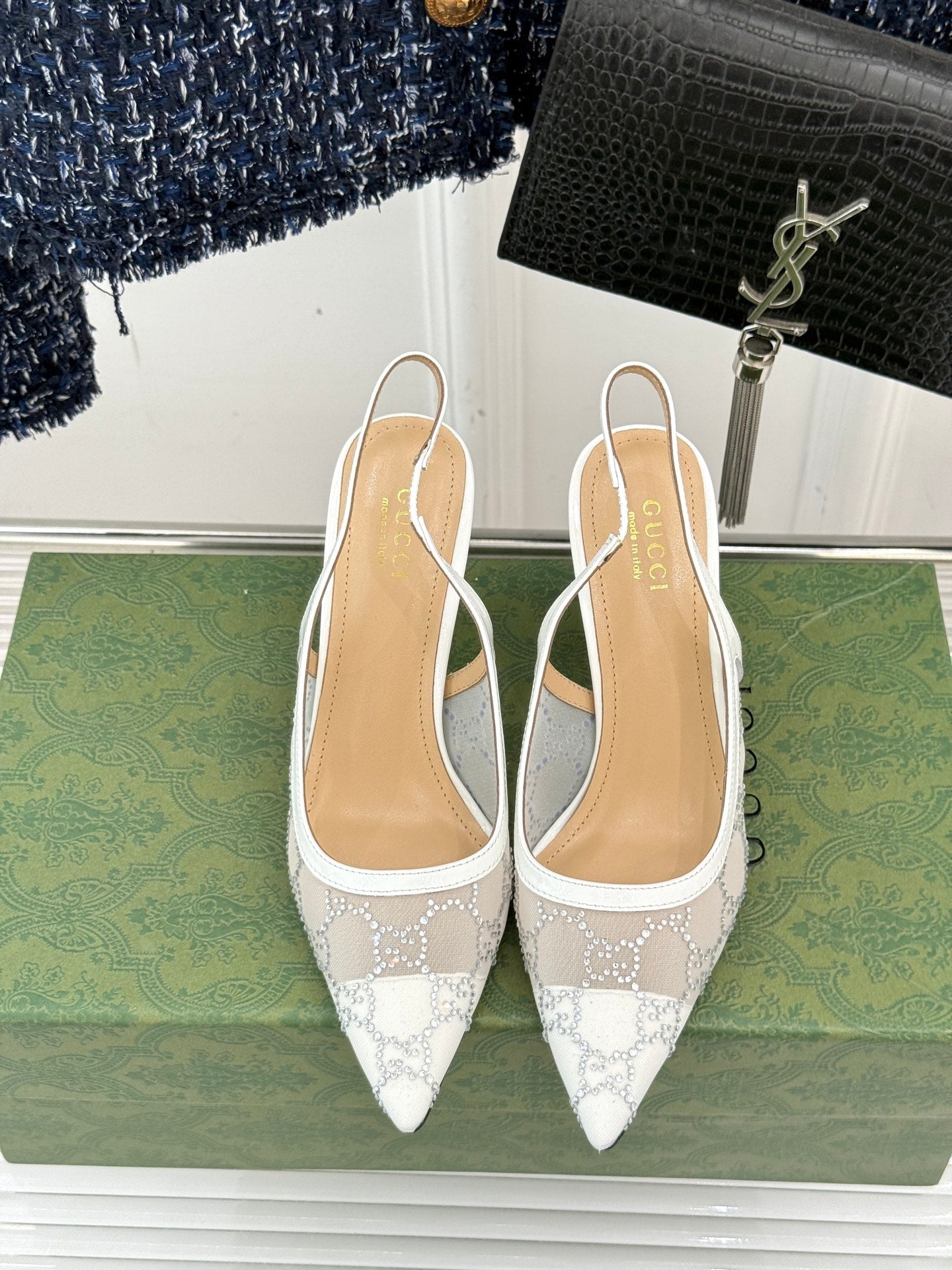 GG HIGH SLINGBACK 8.5 CM IN WHITE CLASSIC POINTED-TOE MESH WITH RHINESTONE EMBELLISHMENTS