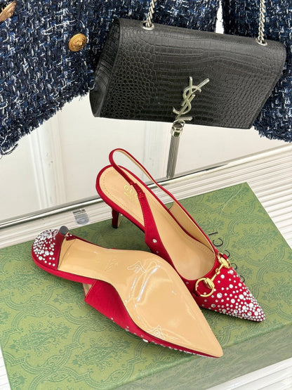 HIGH SLINGBACK 8.5 CM IN RED FABRIC WITH RHINESTONE EMBELLISHMENTS