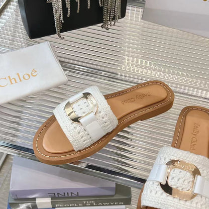 WOVEN SLIDE MULE IN WHITE WOOL AND BROWN LAMBSKIN GOLD HARDWARE