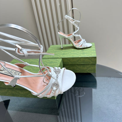 CRYSTAL HORSEBIT STRAPPY SANDAL 10.5CM IN WHITE PATENT LEATHER