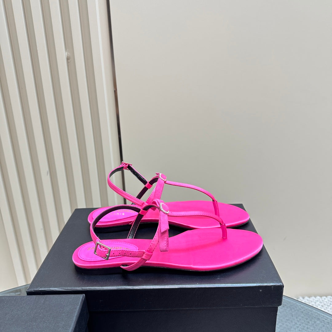 SL CRYSTAL T-STRAP FLAT SANDAL BRIGHT PINK SATIN