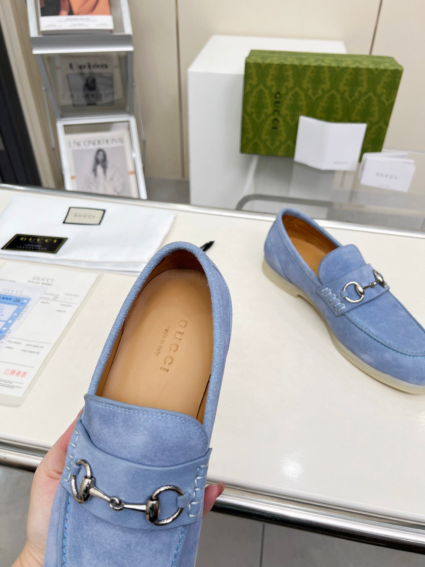 LOAFERS WITH SILVER HARDWARE IN CORNFLOWER BLUE SUEDE
