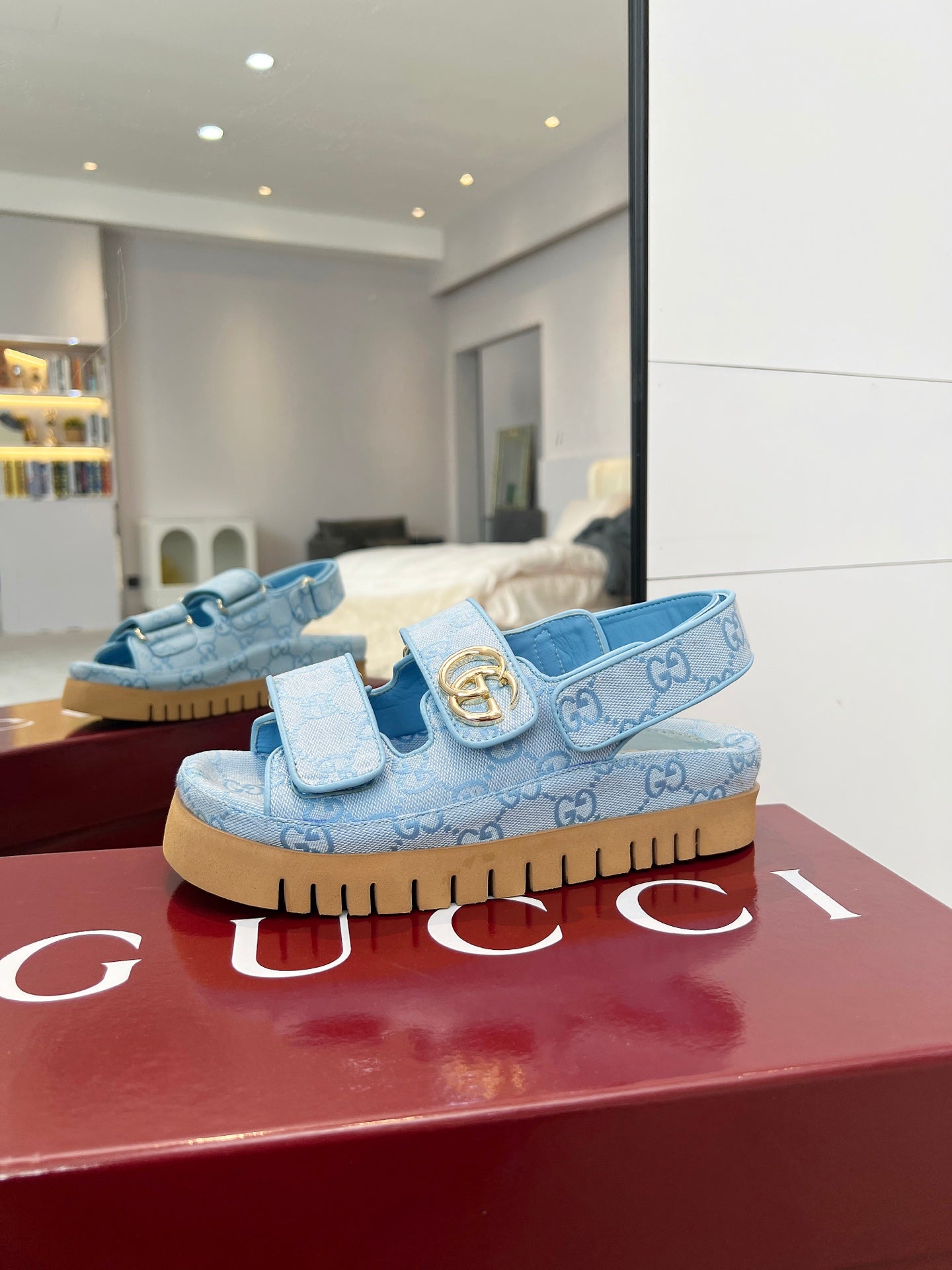 VELCRO STRAP SANDALS IN SKY BLUE MONOGRAM CANVAS GOLD HARDWARE