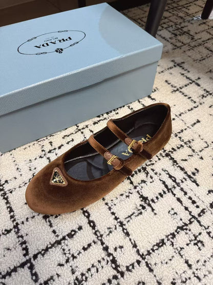MARY JANE FLAT WITH TRIANGLE LOGO IN RUSSET BROWN VELVET
