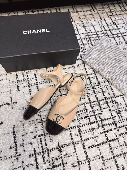 FLAT SLINGBACKS IN MACAROON BEIGE MIX BLACK CALFSKIN