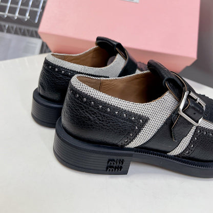 UNIQUE THICK-SOLED OXFORD SHOES BLACK MIX CREAM CALFSKIN