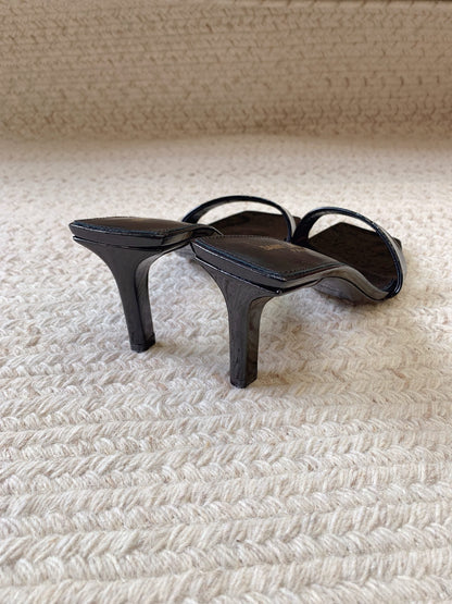 HIGH MULES WITH SQUARE TOE IN BLACK GLOSSY CALFSKIN
